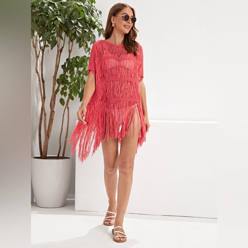 NWT Fringe Crochet Salmon Pink Swim Beach Kimono - Picture 4 of 9